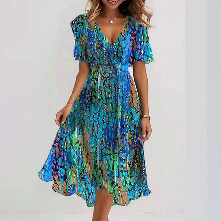 CLARA - BLUE MIDI DRESS WITH SHORT SLEEVES